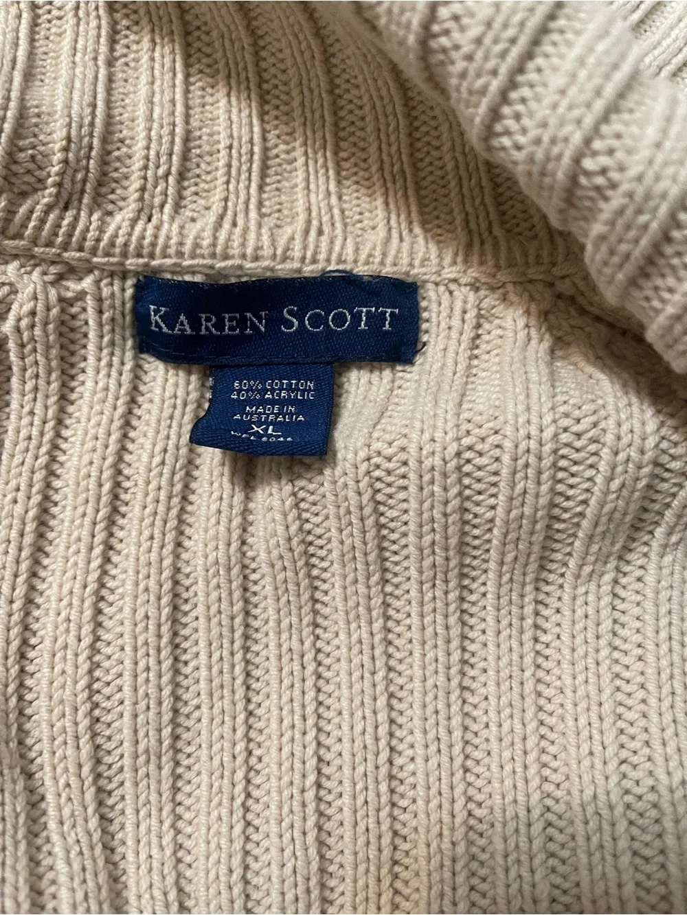 Karen Scott Cable Knit Zip-Up Cardigan Sweater XL Beige Neutral